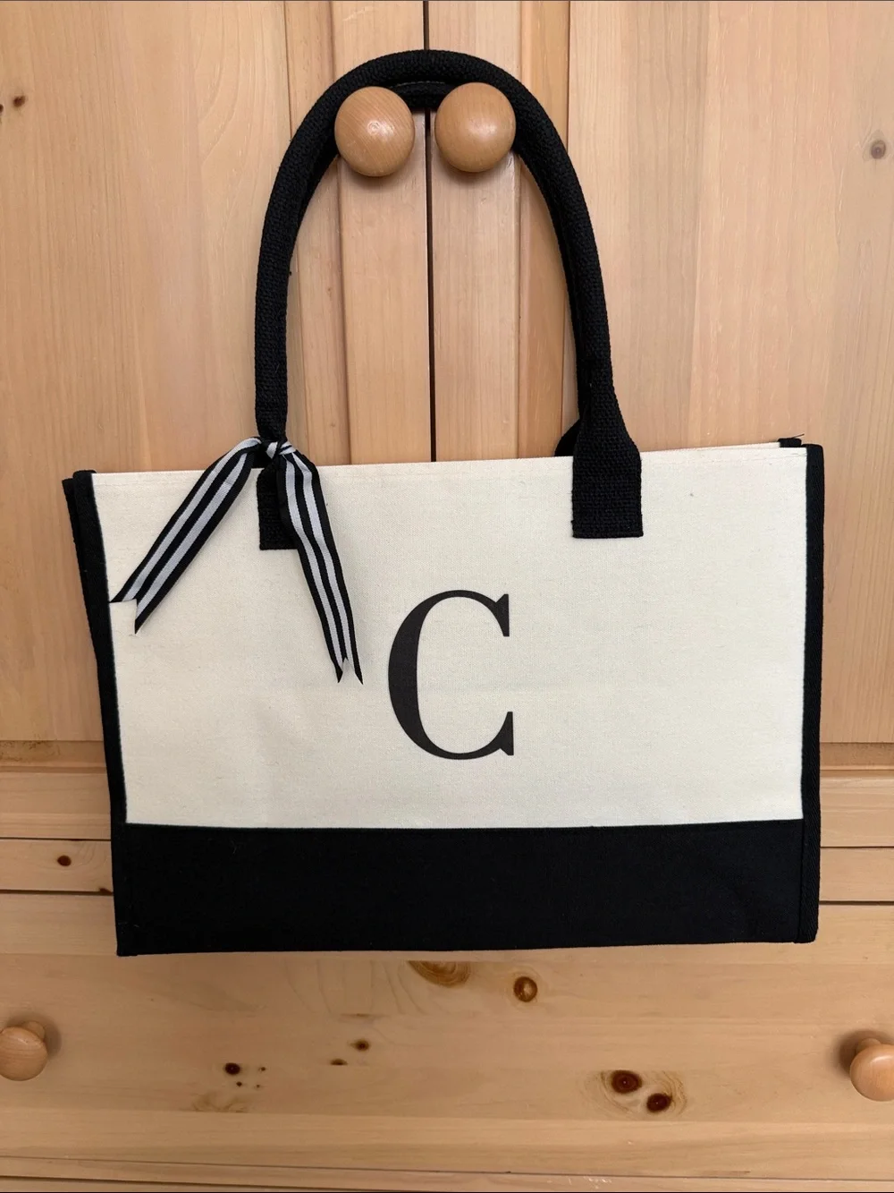 New. Canvas Tote Bag with C Monogram in Black and Cream